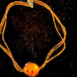 19” Triple Strand Amber Colored Glass Seed Beads With Glass Art Glass Drop